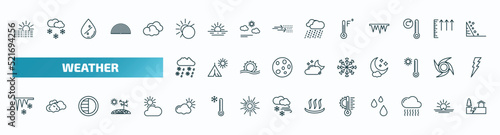 set of 40 special lineal weather icons. outline icons such as foggy day, eclipse, farenheit, drizzle, snow, icicle, daytime, temperature, smog, earthquake line icons.