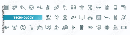 set of 40 special lineal technology icons. outline icons such as basic calculator, electric socket on fire, cell tower, holidays, antique gamepad, hairdressing tools, touchscreen, customers,