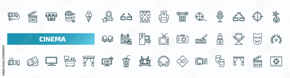 set of 40 special lineal cinema icons. outline icons such as projector with plug, actress, movie roll, cinema seats, animation, image projector, 1080p hd tv, , cinema curtains, movie countdown line set of 40 special lineal cinema icons. outline icons such as projector with plug, actress, movie roll, cinema seats, animation, image projector, 1080p hd tv, , cinema curtains, movie countdown line