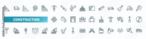 set of 40 special lineal construction icons. outline icons such as joist, inclined picker, hacksaw, paver, derrick with pallet, inclined hammer, derrick with ball, hex key, flags crossed, truck with