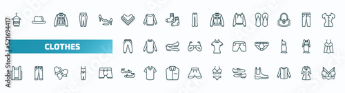 set of 40 special lineal clothes icons. outline icons such as scarf on hanger  shawl  pullover  sweatpants  denim shorts  basketball jersey  flat shoes  loafer  collarless cotton shirt  brassiere