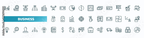 set of 40 special lineal business icons. outline icons such as boss reading a document, worker money time, dollar bills, money sack, big safe, round light bulb, address book, currencies, stack of