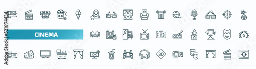 set of 40 special lineal cinema icons. outline icons such as projector with plug, actress, movie roll, cinema seats, animation, image projector, 1080p hd tv, , cinema curtains, movie countdown line