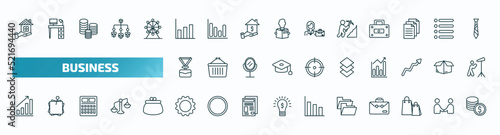set of 40 special lineal business icons. outline icons such as home insurance, graphic chart, worker digging a hole, lanyard, stack, growing bar graph, tool button, two folders, shopping bags,