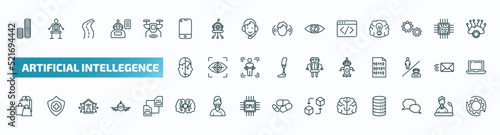set of 40 special lineal artificial intellegence icons. outline icons such as coins, smartphone, code, humanoid, robot assistant, shopping bag, ai brain, brain, speech bubble, processing line icons.