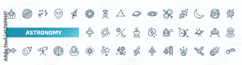 set of 40 special lineal astronomy icons. outline icons such as astronaut ingravity, black hole, pulsar, space rocket, astronaut and flag, space gun, big bang, spaceport, inclined satellite, falling