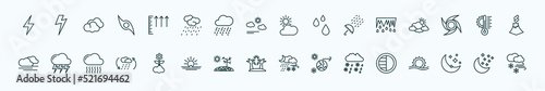 special lineal weather icons set. outline icons such as light bolt, atmospheric pressure, clouds and sun, thaw, temperature, stormy, spring, summer, drizzle, twilight, starry night line icons.