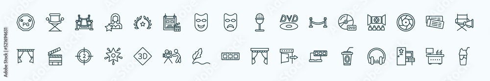 special lineal cinema icons set. outline icons such as parental guidance, film award, studio mic, dvd, tickets, cinema clapperboard, 3d text, film negatives, laptop with film strip, dressing room, special lineal cinema icons set. outline icons such as parental guidance, film award, studio mic, dvd, tickets, cinema clapperboard, 3d text, film negatives, laptop with film strip, dressing room,