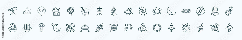 special lineal astronomy icons set. outline icons such as telescope pointing up, jupiter with satellite, space collision, crescent moon, abduction, jet pack, pulsar, venus with satellite, big sun