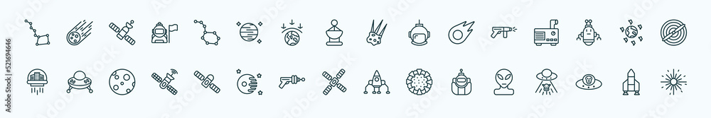 special lineal astronomy icons set. outline icons such as big dipper, constellation, aerolite, laser gun, space junk, ufo flying, space module, big satellite, astronaut ingravity, alien with