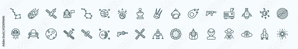 Obraz premium special lineal astronomy icons set. outline icons such as big dipper, constellation, aerolite, laser gun, space junk, ufo flying, space module, big satellite, astronaut ingravity, alien with