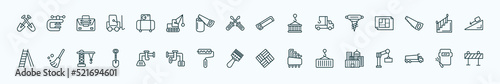 special lineal construction icons set. outline icons such as two shovels, air compressor, hacksaw, pickaxes drilling, stairs with handle, sweeping broom, adjusment system, sand brush, derrick with