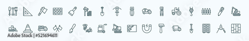 special lineal construction icons set. outline icons such as three tools, scraper, inclined clippers, steamroller, clippers, road stopper, brush, derrick with box, inclined hammer, big clo, drawing