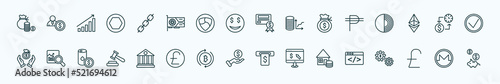 special lineal cryptocurrency icons set. outline icons such as funds, chains, bonds, peso, proof of capacity, market trends, bank, loan, as, pound, line icons.