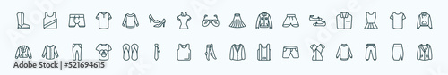 special lineal clothes icons set. outline icons such as wool boots, long sleeves t shirt, tulle skirt, flat shoes, t-shirt, collarless cotton shirt, sleepers, women socks, denim shorts, sweatpants,