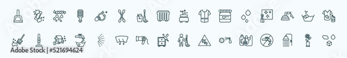 special lineal cleaning icons set. outline icons such as dust pan, washing dishes, clean room, liquid, wash, vacuum cleanin, spray, dusting, virus cleanin, shower head, rose cleanin line icons.