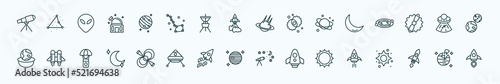 special lineal astronomy icons set. outline icons such as telescope pointing up, jupiter with satellite, space collision, crescent moon, abduction, jet pack, pulsar, venus with satellite, big sun