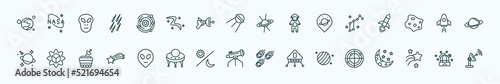 special lineal astronomy icons set. outline icons such as mars with satellite, galaxy, quasar, lyra constellation, space rocket, simulator, extraterrestrial, big telescope, uranus with satellite,