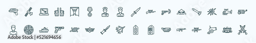 special lineal army and war icons set. outline icons such as grenade launcher, torture, knife, militar tent, helicopter, militar radar, barbed, jet, tank, artillery, brigade line icons.