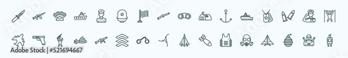 special lineal army and war icons set. outline icons such as military knife, conscription, binoculars, army boat, salute, gun, automatic gun, strategy, bulletproof, whizbang with rong, guerrilla