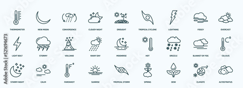 special lineal weather icons set. outline icons such as thermometer, cloudy night, lightning, light bolt, rainy day, drizzle, starry night, sunrise, dew, climate line icons.