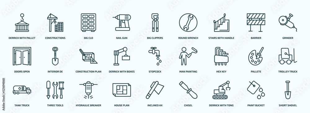 special lineal construction icons set. outline icons such as derrick with pallet, nail gun, stairs with handle, doors open, derrick with boxes, hex key, tank truck, house plan, derrick tong, paint