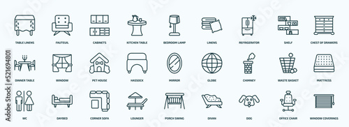 special lineal furniture & household icons set. outline icons such as table linens, kitchen table, refrigerator, dinner table, hassock, chimney, wc, lounger, dog, office chair line icons.