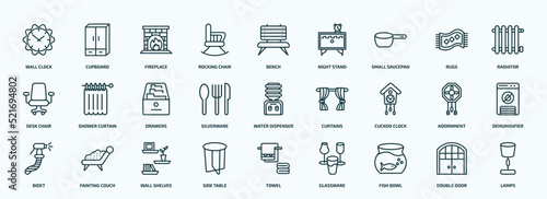 special lineal furniture & household icons set. outline icons such as wall clock, rocking chair, small saucepan, desk chair, silverware, cuckoo clock, bidet, side table, fish bowl, double door line