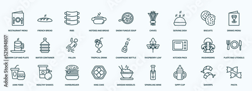 special lineal food icons set. outline icons such as restaurant menu, hotdog and bread, serving dish, warm cup and plate, tropical drink, kitchen pack, junk food, king cake, sippy cup, shrimps line