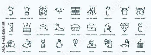 special lineal fashion icons set. outline icons such as dress with belt, collar, cheongsam, tunic, boot for women, sweater with pockets, leather jacket, fiance, pair of gloves, monocle line icons.