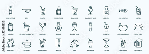 special lineal drinks icons set. outline icons such as wine bottles, french press, absinthe, soda can, cognac, smoothie, wine toast, wine list, flirtini, frappuccino line icons.