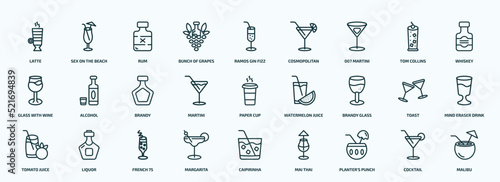 special lineal drinks icons set. outline icons such as latte, bunch of grapes, 007 martini, glass with wine, martini, brandy glass, tomato juice, margarita, planter's punch, cocktail line icons.