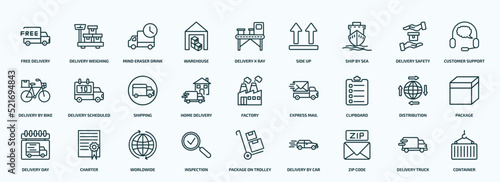 special lineal delivery and logistic icons set. outline icons such as free delivery, warehouse, ship by sea, delivery by bike, home clipboard, day, inspection, zip code, truck line icons.