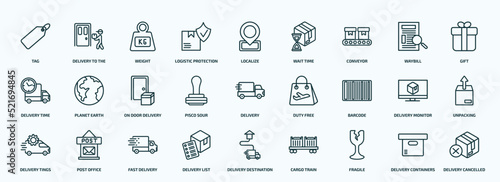 special lineal delivery and logistic icons set. outline icons such as tag, logistic protection, conveyor, delivery time, pisco sour, barcode, delivery tings, list, fragile, containers line icons.