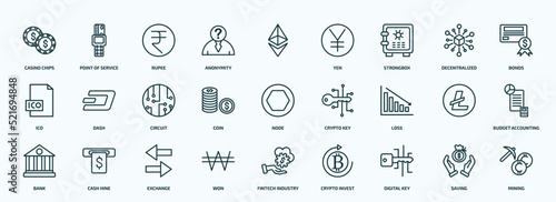 special lineal cryptocurrency icons set. outline icons such as casino chips, anonymity, strongbox, ico, coin, loss, bank, won, digital key, saving line icons.