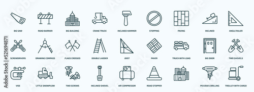 special lineal construction icons set. outline icons such as big saw, crane truck, paving, screwdrivers, double ladder, truck with load, vise, inclined shovel, , pickaxes drilling line icons.