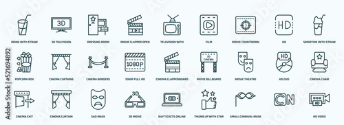 special lineal cinema icons set. outline icons such as drink with straw, movie clapper open, movie countdown, popcorn box, 1080p full hd, movie theatre, cinema exit, 3d small carnival mask, line