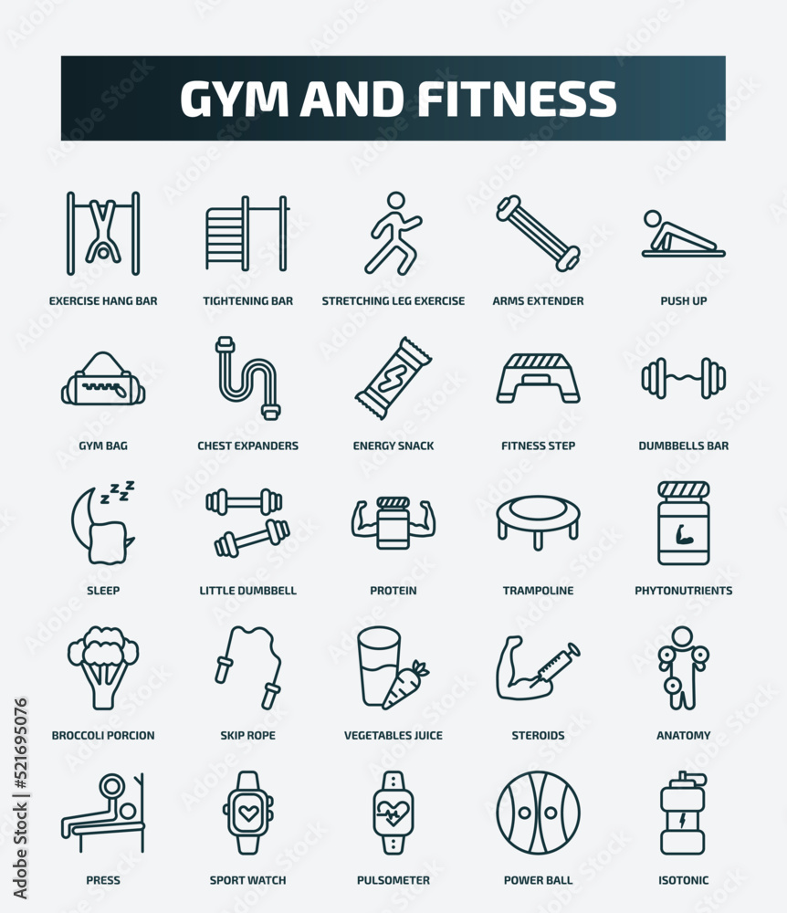 set of 25 special lineal gym and fitness icons. outline icons such as exercise hang bar, tightening bar, push up, energy snack, sleep, trampoline, skip rope, anatomy, pulsometer, power ball line set of 25 special lineal gym and fitness icons. outline icons such as exercise hang bar, tightening bar, push up, energy snack, sleep, trampoline, skip rope, anatomy, pulsometer, power ball line