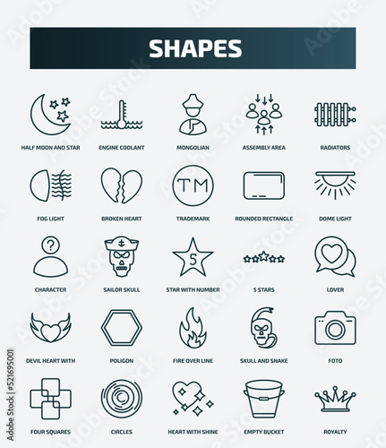 set of 25 special lineal shapes icons. outline icons such as half moon and star, engine coolant, radiators, trademark, character, 5 stars, poligon, foto, heart with shine, empty bucket line icons.