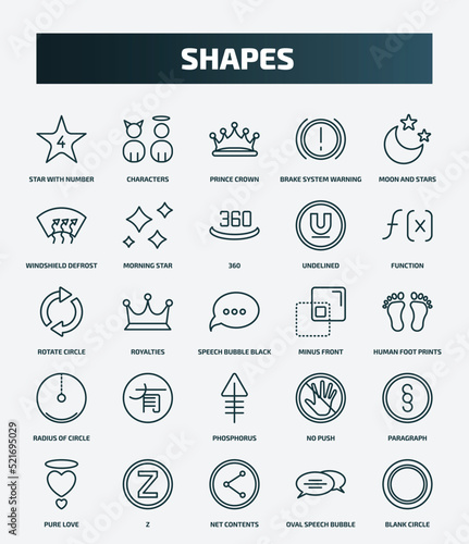 set of 25 special lineal shapes icons. outline icons such as star with number four, characters, moon and stars, 360, rotate circle, minus front, , paragraph, net contents, oval speech bubble line