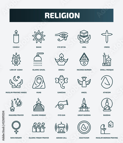 set of 25 special lineal religion icons. outline icons such as candle, bahai, cross, diwali, muslim praying hands, angel, islamic minbar, buddha, adhan call, asceticism line icons.