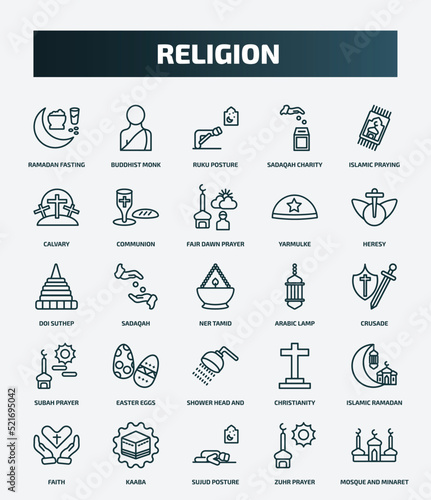 set of 25 special lineal religion icons. outline icons such as ramadan fasting, buddhist monk, islamic praying carpet, fajr dawn prayer, doi suthep, arabic lamp, easter eggs, islamic ramadan, sujud