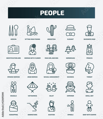 set of 25 special lineal people icons. outline icons such as korean, sitting man fishing, bussiness man, man girl and dog, spanish woman, sickness, vietnamese, small boy, aviation, spindle line