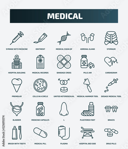 set of 25 special lineal medical icons. outline icons such as syringe with medicine, ointment, sternum, bandage cross, premolar, medical hammer tool, medicine capsules, braces, plasma, hospital bed