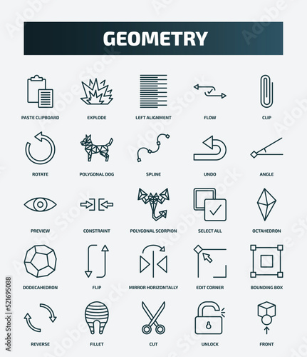 set of 25 special lineal geometry icons. outline icons such as paste clipboard, explode, clip, spline, preview, select all, flip, bounding box, cut, unlock line icons.