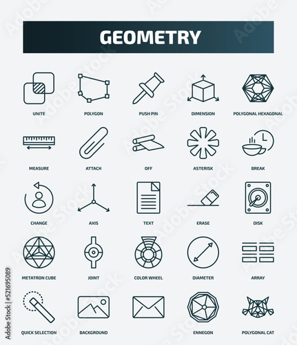 set of 25 special lineal geometry icons. outline icons such as unite, polygon, polygonal hexagonal, off, change, erase, joint, array, , ennegon line icons.
