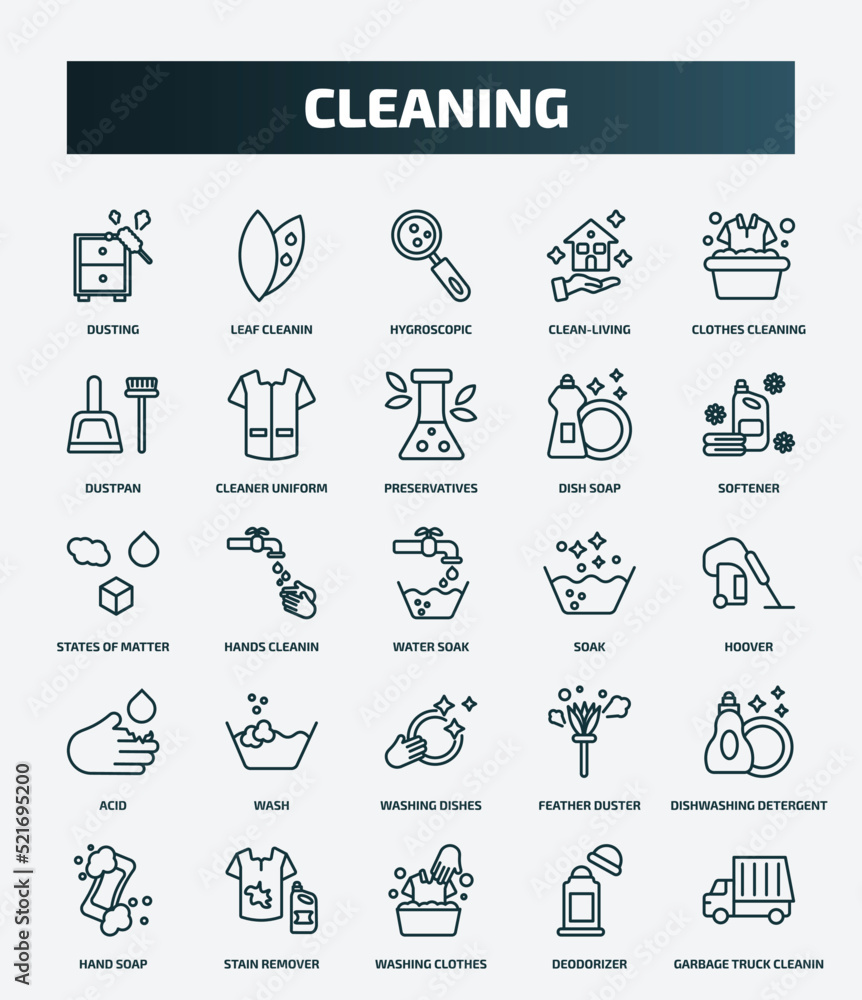 set of 25 special lineal cleaning icons. outline icons such as dusting, leaf cleanin, clothes cleaning, preservatives, states of matter, soak, wash, dishwashing detergent, washing clothes, set of 25 special lineal cleaning icons. outline icons such as dusting, leaf cleanin, clothes cleaning, preservatives, states of matter, soak, wash, dishwashing detergent, washing clothes,