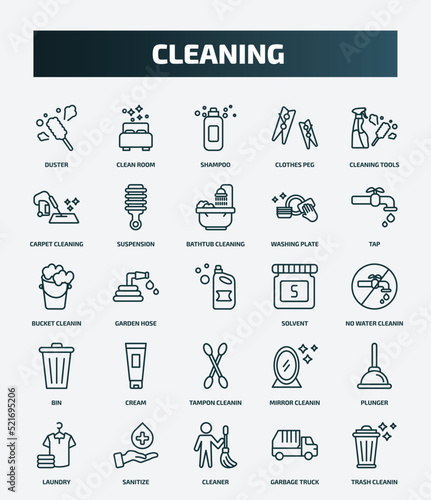 set of 25 special lineal cleaning icons. outline icons such as duster, clean room, cleaning tools, bathtub cleaning, bucket cleanin, solvent, cream, plunger, cleaner, garbage truck line icons.
