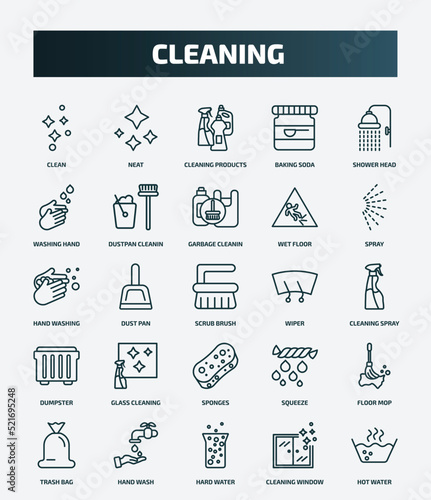 set of 25 special lineal cleaning icons. outline icons such as clean, neat, shower head, garbage cleanin, hand washing, wiper, glass cleaning, floor mop, hard water, cleaning window line icons.