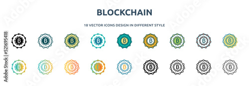 blockchain icon in 18 different styles such as thin line, thick line, two color, glyph, colorful, lineal color, detailed, stroke and gradient. set of blockchain vector for web, mobile, ui